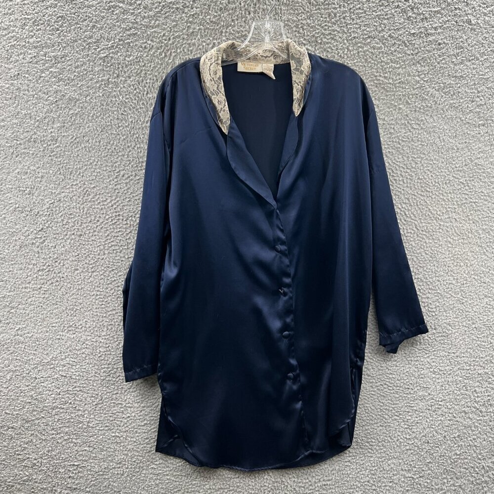 Vintage Victorias Secret Womens Pajama Top Medium‎ Blue Button Front Gold Label
